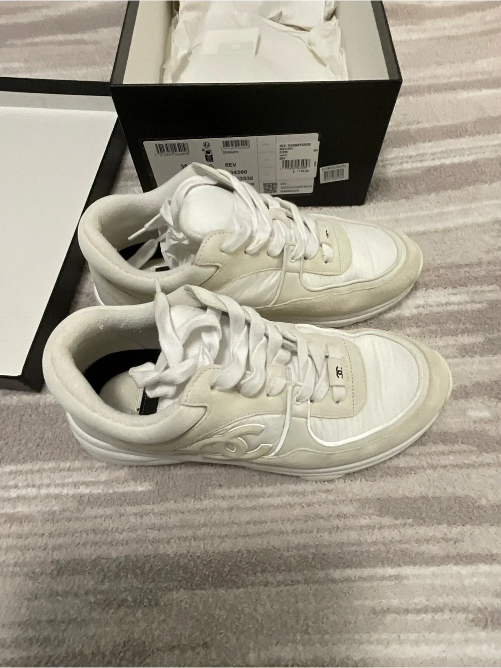 Chanel CC Off White Fabric Sneaker w Box SZ 38.5